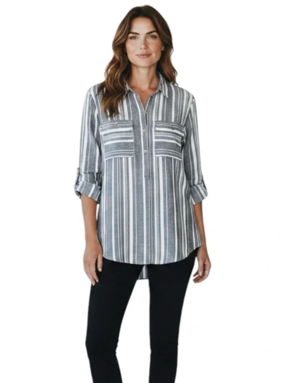 Ellen Tracy Gray & White 100% Linen Long Cuffed Sleeve Button Up Tunic Top 1X